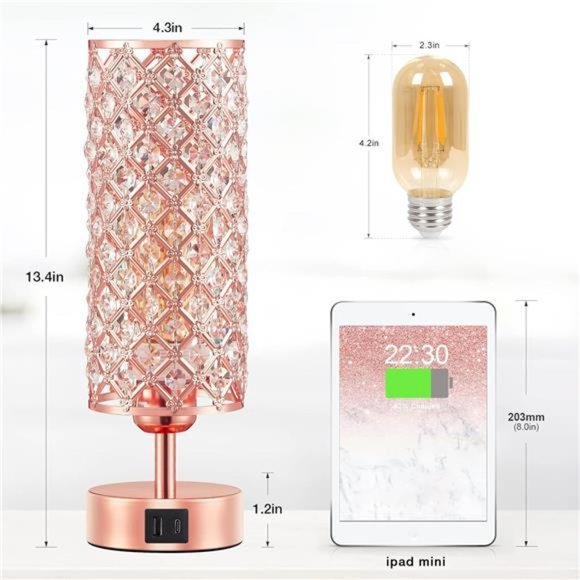 Crystal Table Lamp, Rose Gold Lamp with USB C+A Ports, 3 Way Dimmable Light - Picture 4 of 6